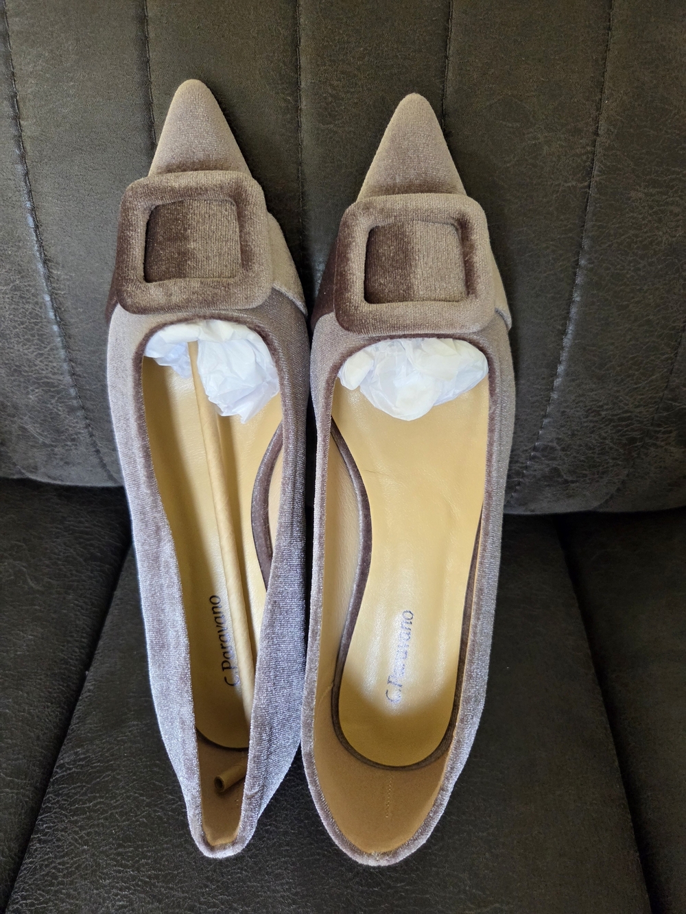 C. Paravano Taupe Velvet Pointed Toe Flats with Buckle Detail